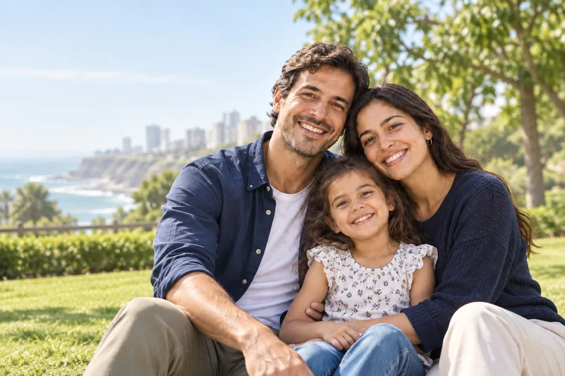 Familia en un parque de Lima. Fotografía publicitaria ilustrativa.
